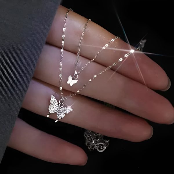 Korean Double Layer Butterfly Pendant Necklace with Diamonties – Best for Young Girls