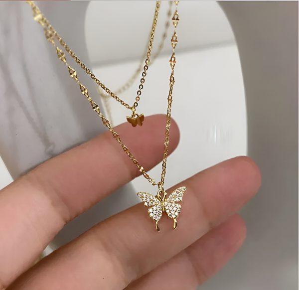 Korean Double Layer Butterfly Pendant Necklace with Diamonties – Best for Young Girls