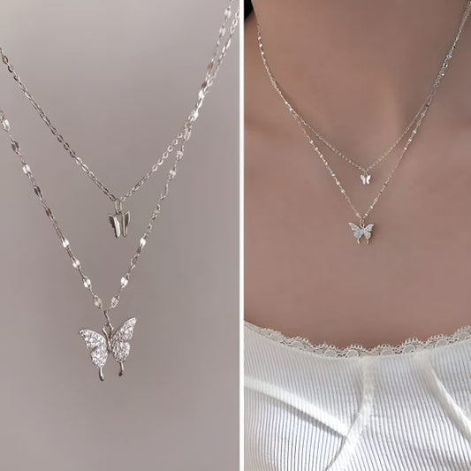 Korean Double Layer Butterfly Pendant Necklace with Diamonties – Best for Young Girls