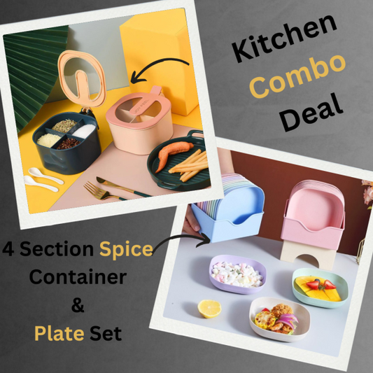 Combo Deal – 4 Section Spice Container Box & Multi-function Spit Bone 10 Plate Set Kitchen Storage Organizer ravva